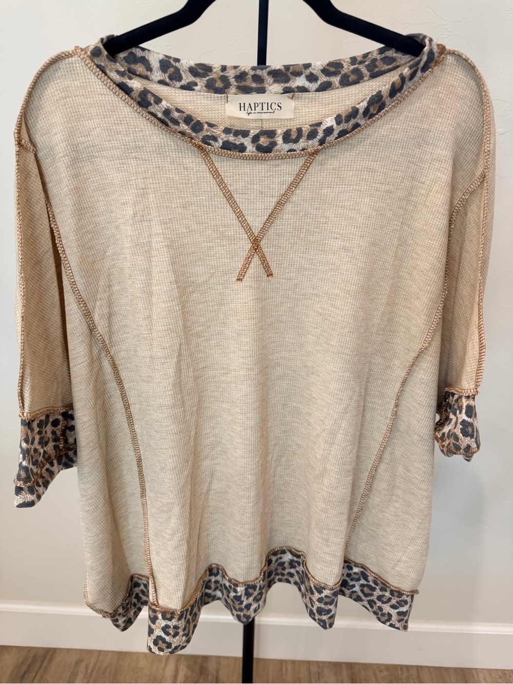 Haptics Waffle Knit Leopard Trim Top – Size 1X | Oversized Fit | NWOT